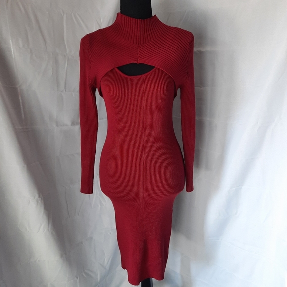Almost Famous Bodycon Sweater Dress Sz Lg/Med Burgundy Wine Red Cutout Ribbed - Picture 2 of 11